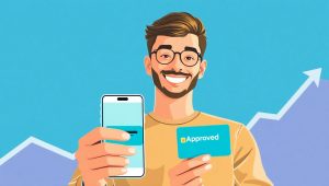 Человек держит банковскую карту и смартфон с надписью «Одобрено», символизируя займ с любой кредитной историей.